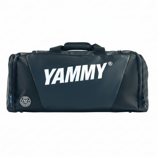 Black duffel bag with 'YAMMY' branding on a white background