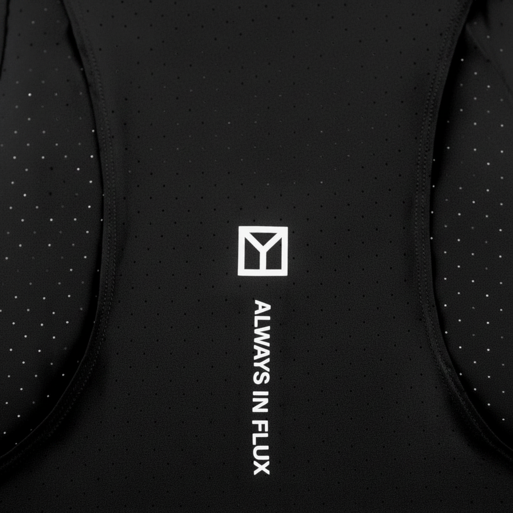 Black athletic vest with 'Always in Flux' text and logo on a textured background