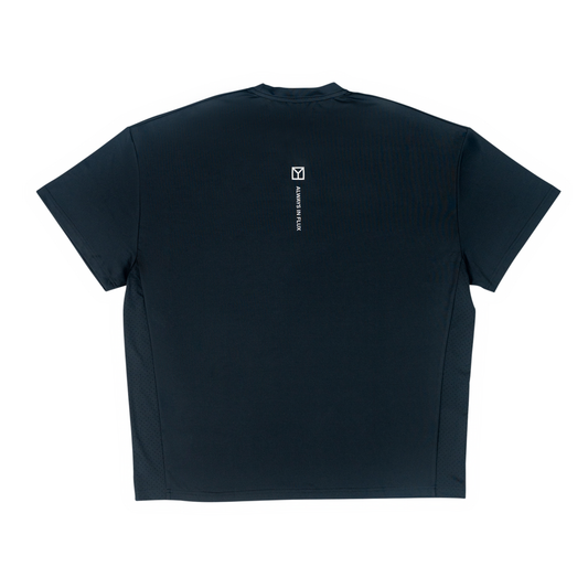 Black t-shirt with a logo on the back against a white background