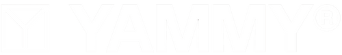 A thin white outline logo reading YAMMY with a registered mark symbol, shown on a solid black background.
