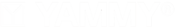 A thin white outline logo reading YAMMY with a registered mark symbol, shown on a solid black background.