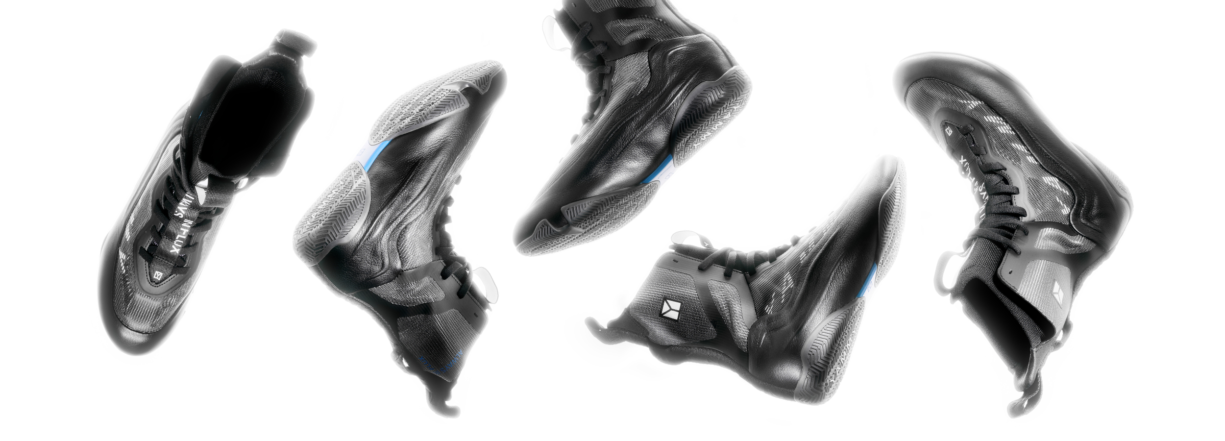 A set of five black and gray athletic sneakers shown from different angles on a plain white background.