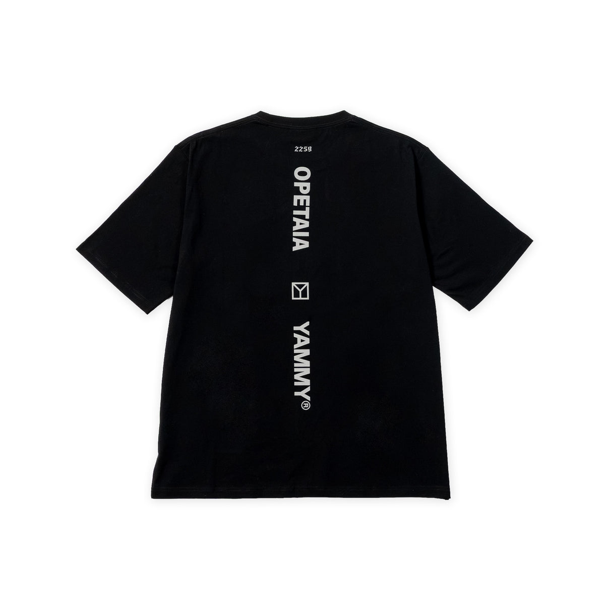 A black short-sleeve t-shirt shown from the back, featuring vertical white text reading 'OPETAIA' and 'YAMMY®' with a small square logo between them, plus a small number '2256' near the collar.