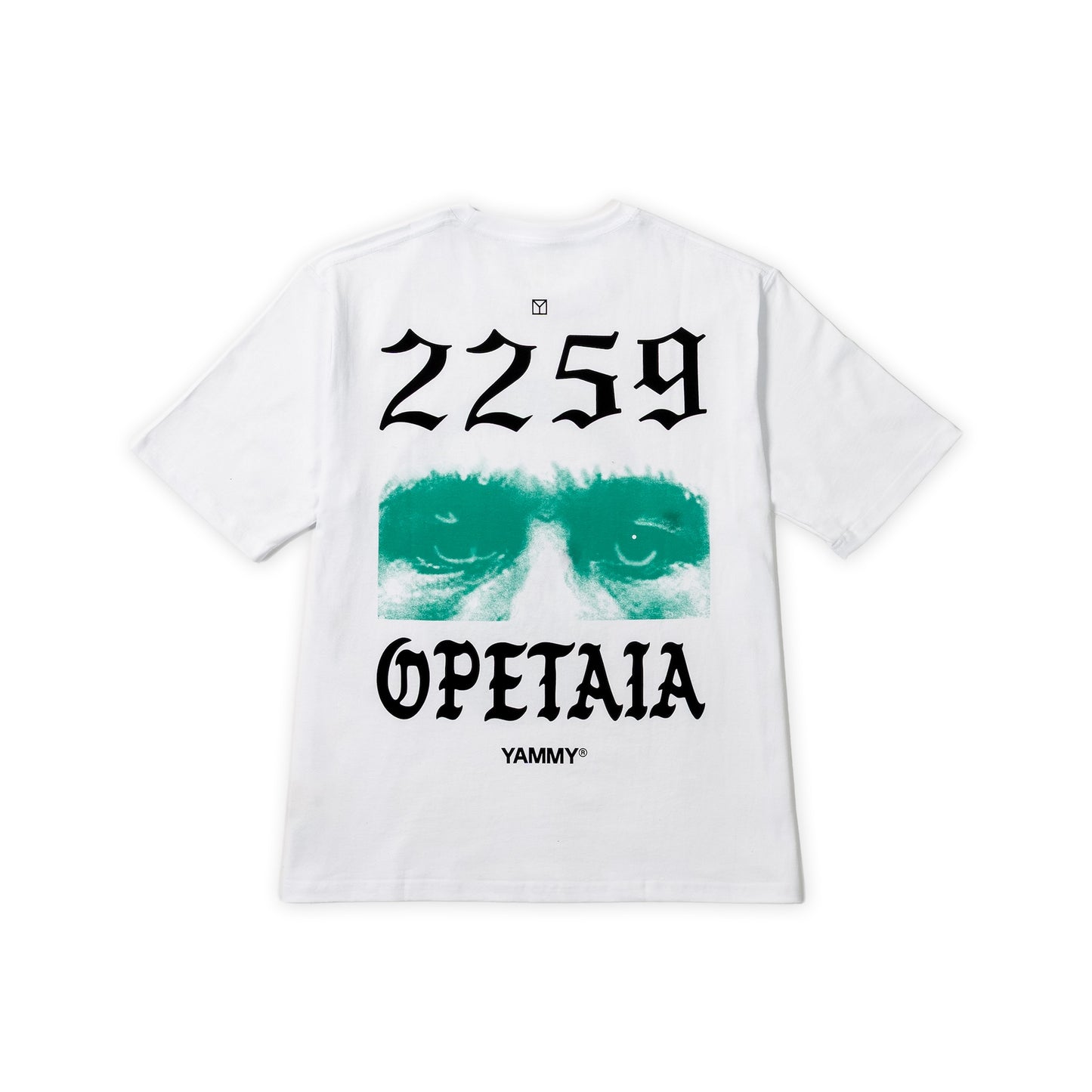 A white short-sleeve t-shirt shown flat against a white background, featuring a graphic print on the back with the text '2259 OPETAIA' and 'YAMMY' in black, and a green graphic of sunglasses.