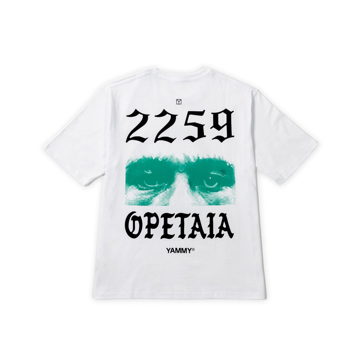 A white short-sleeve t-shirt shown flat against a white background, featuring a graphic print on the back with the text '2259 OPETAIA' and 'YAMMY' in black, and a green graphic of sunglasses.