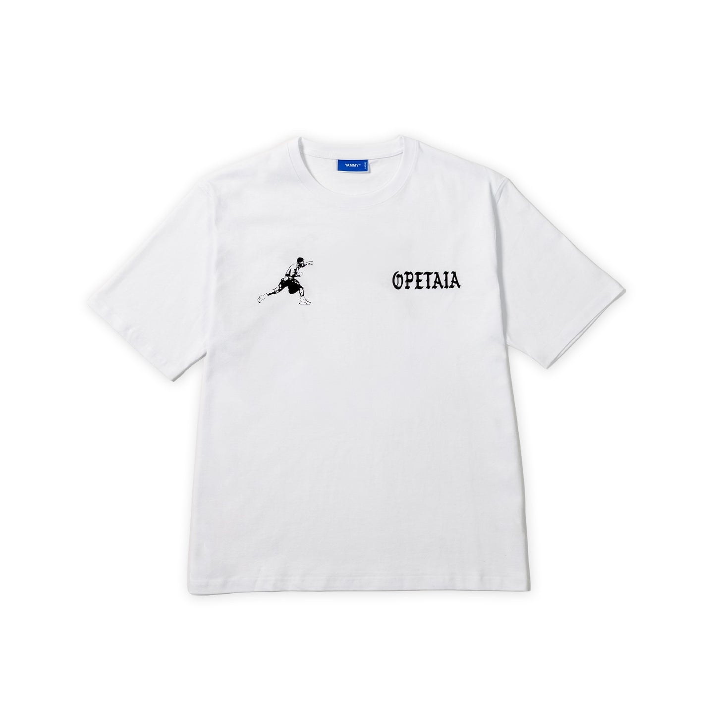 A white short-sleeve crewneck t-shirt with a black graphic of a running figure on the left chest and the word '©PETAIA' printed in black on the right chest, displayed flat against a white background.