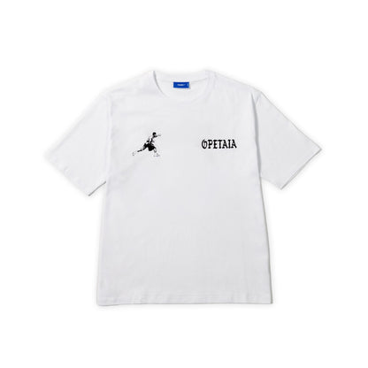 A white short-sleeve crewneck t-shirt with a black graphic of a running figure on the left chest and the word '©PETAIA' printed in black on the right chest, displayed flat against a white background.