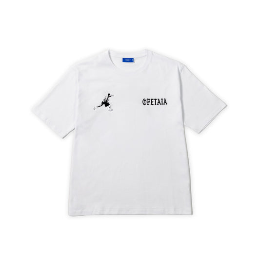 A white short-sleeve crewneck t-shirt with a black graphic of a running figure on the left chest and the word '©PETAIA' printed in black on the right chest, displayed flat against a white background.