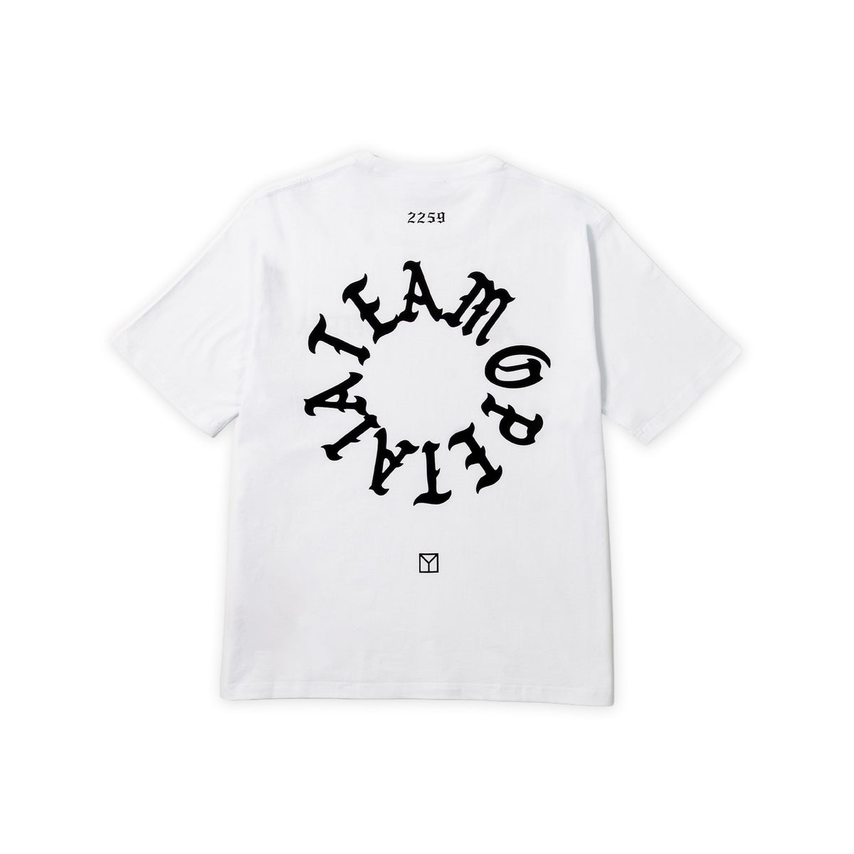 A white short-sleeve t-shirt shown from the back, featuring a large black circular graphic with the words 'TEAM OPETAIA' in a stylized font, along with small black text near the collar and YAMMYl square logo below the graphic.