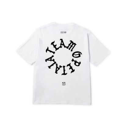 A white short-sleeve t-shirt shown from the back, featuring a large black circular graphic with the words 'TEAM OPETAIA' in a stylized font, along with small black text near the collar and YAMMYl square logo below the graphic.