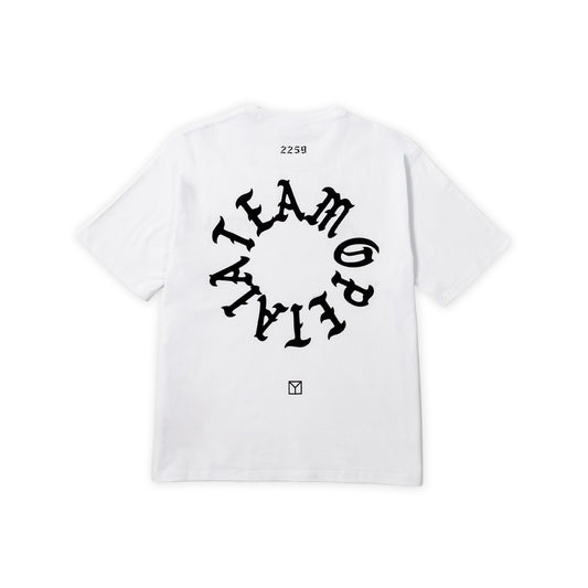 A white short-sleeve t-shirt shown from the back, featuring a large black circular graphic with the words 'TEAM OPETAIA' in a stylized font, along with small black text near the collar and YAMMYl square logo below the graphic.