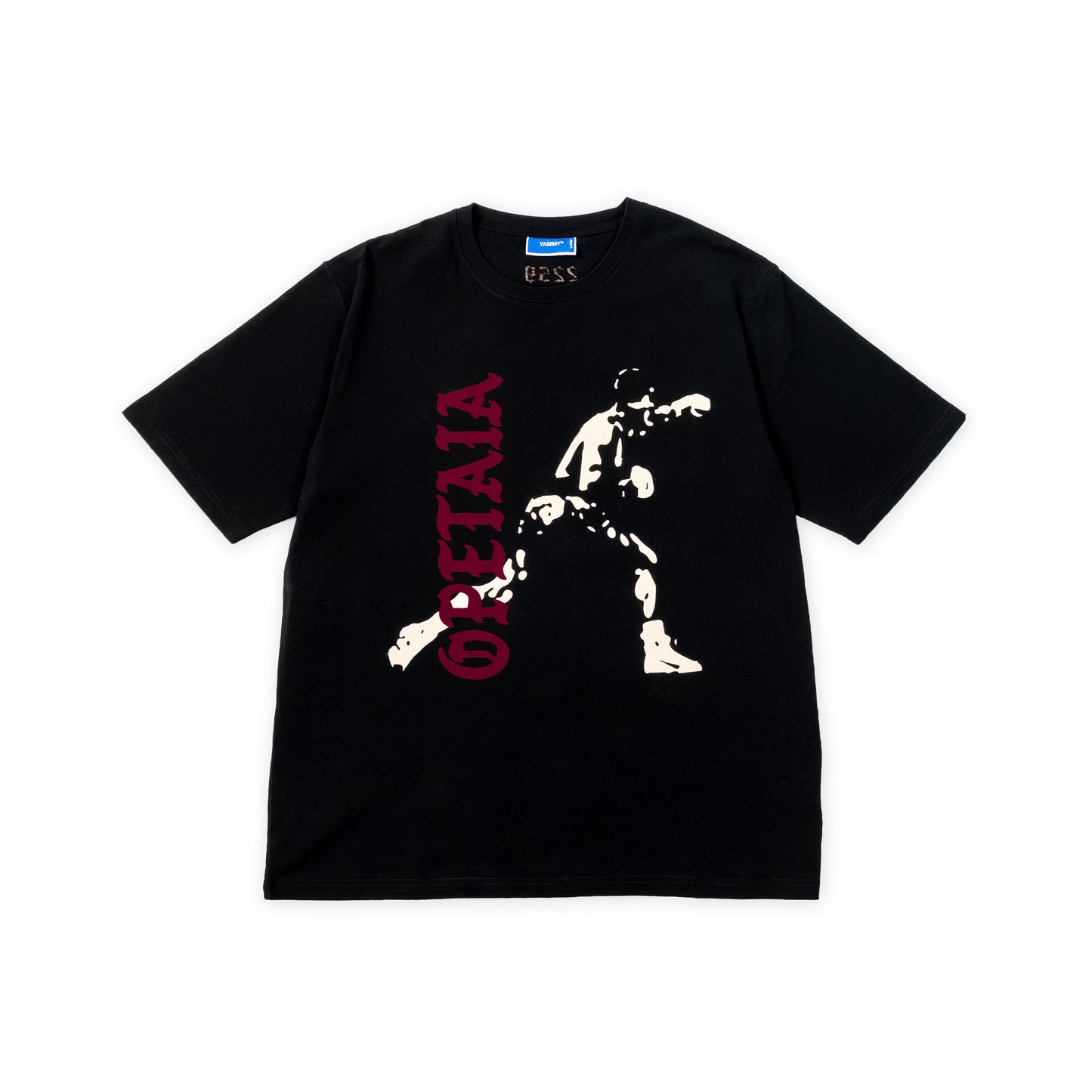 A black short-sleeve graphic t-shirt by Uss, featuring a distressed white silhouette of Jai Opetaia and vertical red text reading 'OPETAIA' on the front, laid flat against a white background.