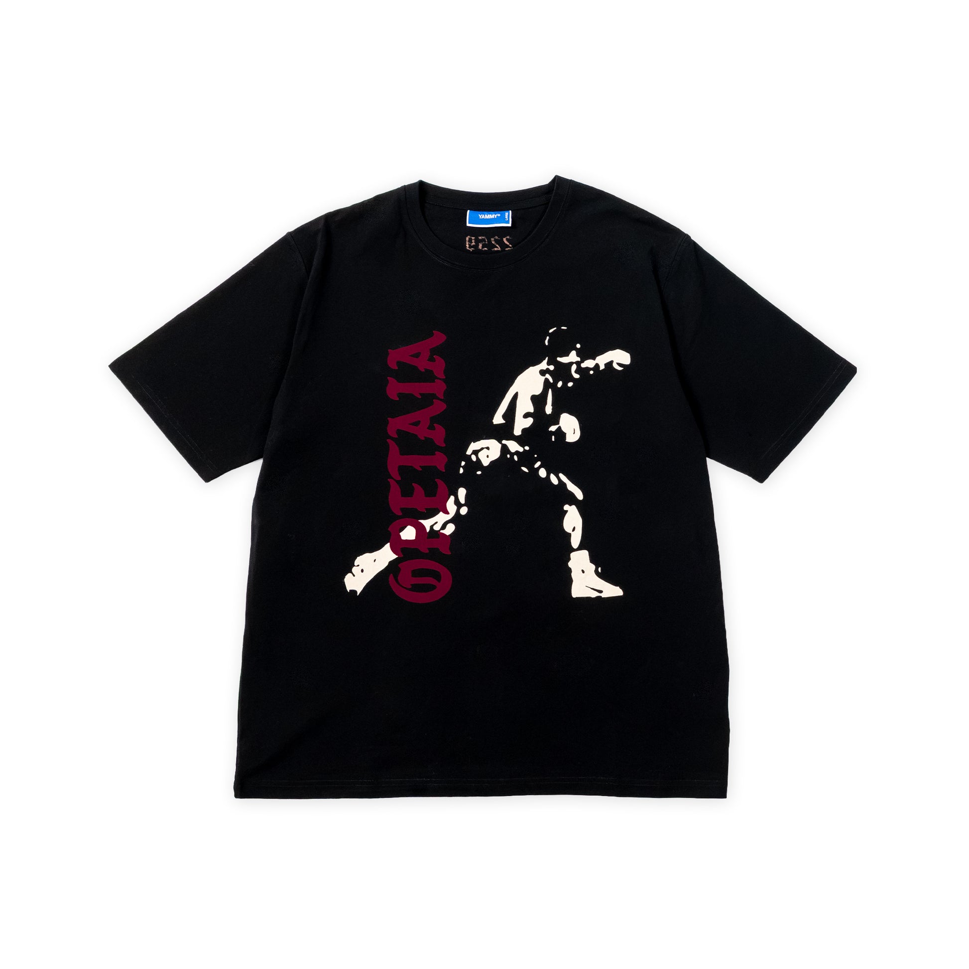 A black short-sleeve graphic t-shirt by Uss, featuring a distressed white silhouette of Jai Opetaia and vertical red text reading 'OPETAIA' on the front, laid flat against a white background.