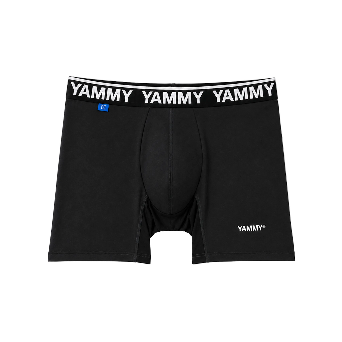 Black boxer briefs with a white elastic waistband featuring the brand name 'YAMMY' repeated in white, plus a small blue size tag and a white YAMMY logo near the lower right leg.