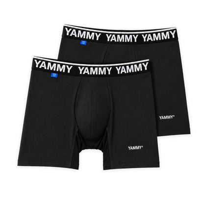 Two black boxer briefs with white YAMMY branding on the waistband, displayed in a stacked arrangement on a white background.