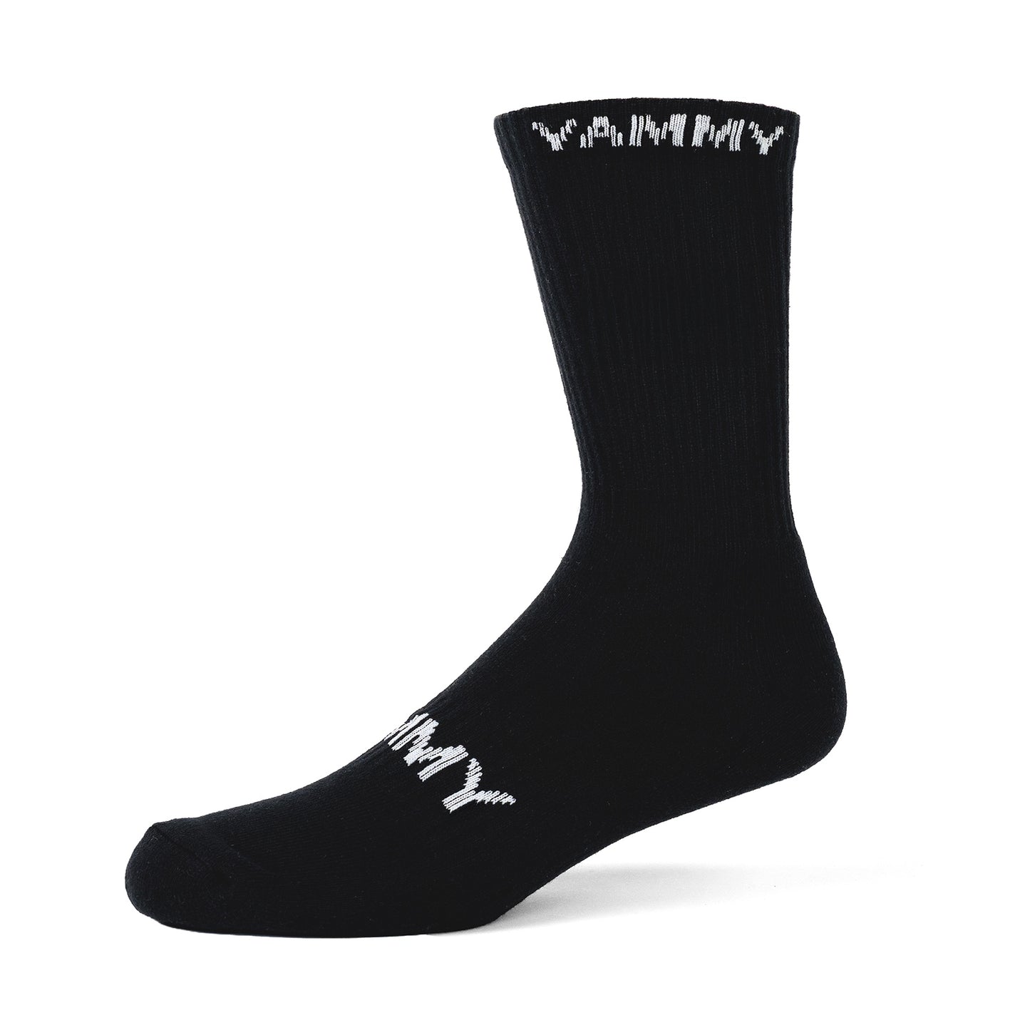 A single black crew sock with white 'YAMMY' text printed on the top cuff and foot, shown on a clean white background.