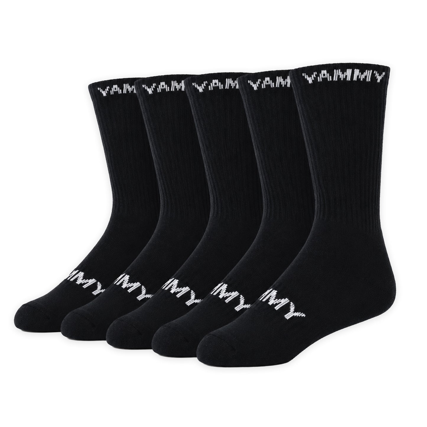 Five pairs of black crew socks arranged in a row, each printed with the brand name 'YAMMY' in white near the top cuff and foot.