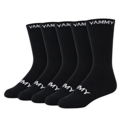 Five pairs of black crew socks arranged in a row, each printed with the brand name 'YAMMY' in white near the top cuff and foot.