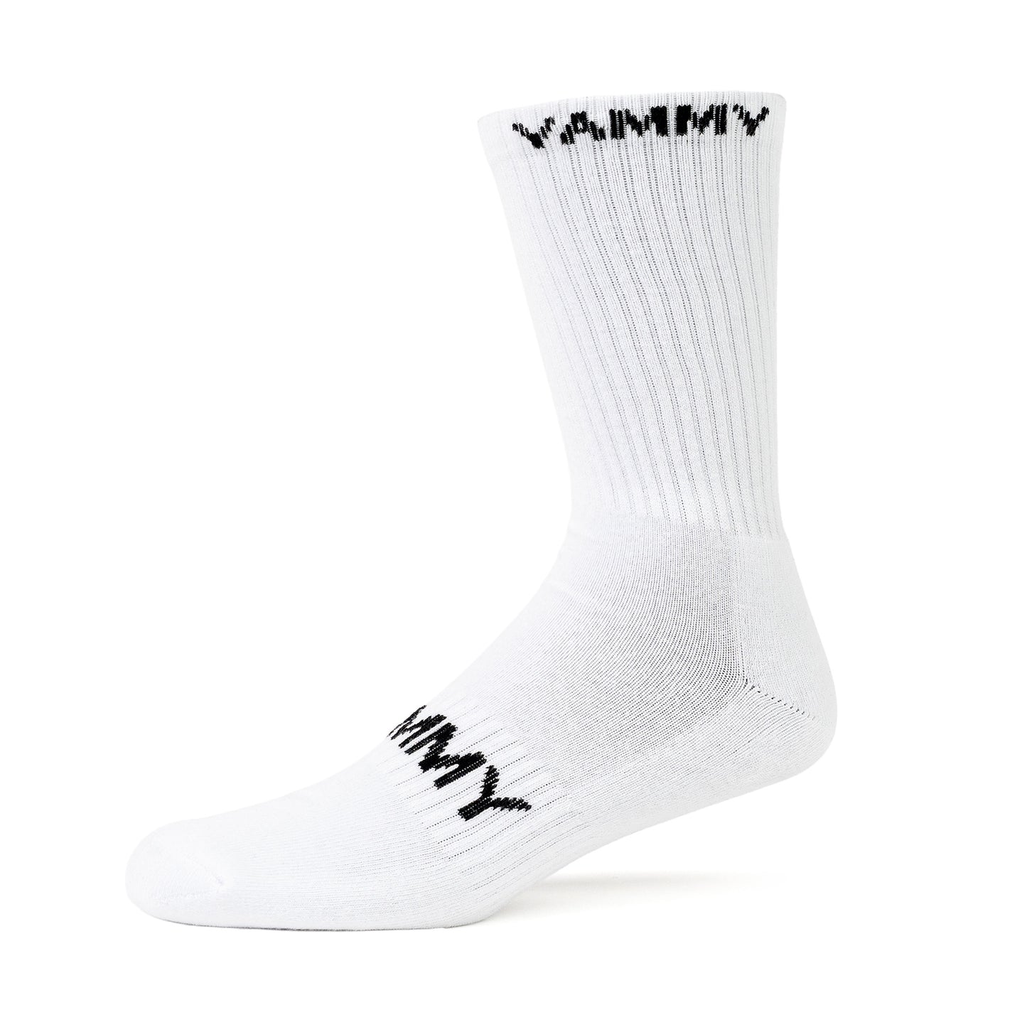 A single white crew sock with black 'YAMMY' branding on the cuff and foot, shown against a plain white background.