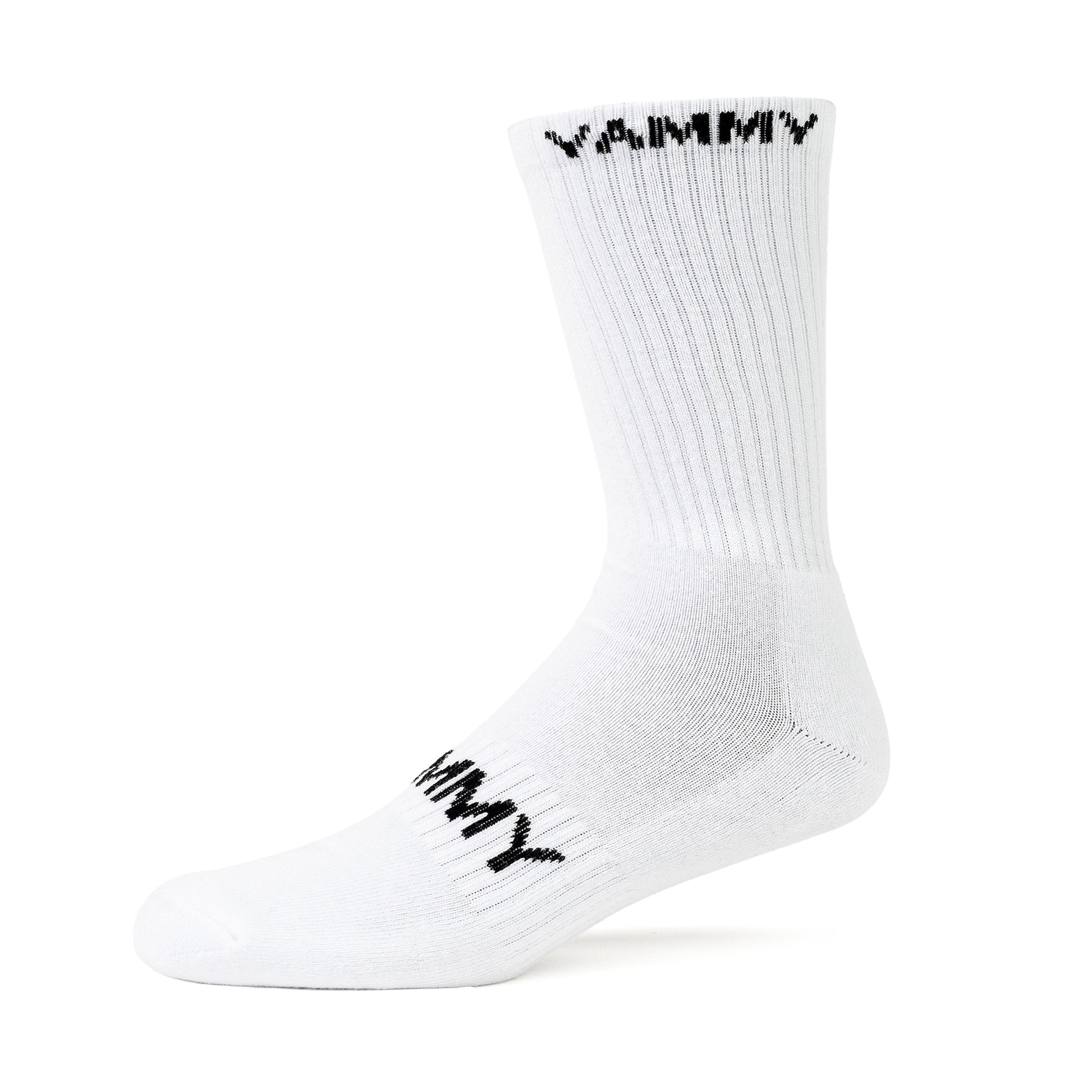 A single white crew sock with black 'YAMMY' branding on the cuff and foot, shown against a plain white background.