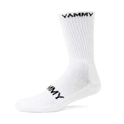 A single white crew sock with black 'YAMMY' branding on the cuff and foot, shown against a plain white background.