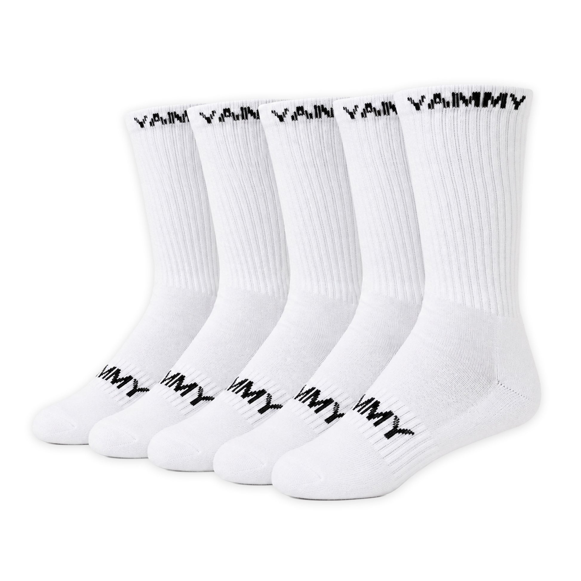 Five pairs of white crew socks arranged in a row, each printed with the brand name 'YAMMY' in black near the cuff and foot.