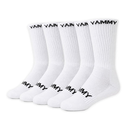 Five pairs of white crew socks arranged in a row, each printed with the brand name 'YAMMY' in black near the cuff and foot.