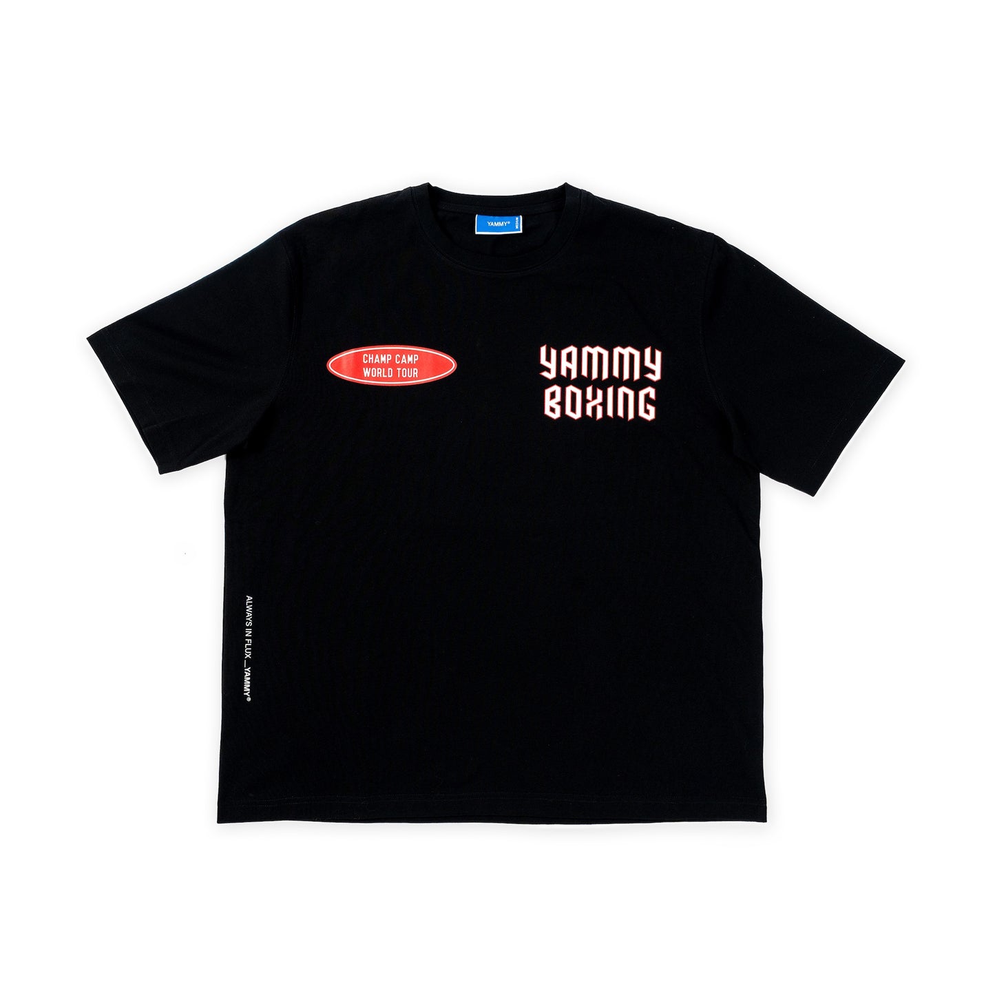 A black short-sleeve t-shirt with a red oval logo on the left chest and 'YAMMY BOXING' printed in white on the right chest, displayed flat against a white background.