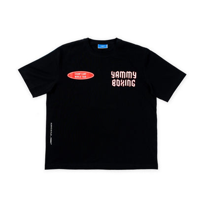 A black short-sleeve t-shirt with a red oval logo on the left chest and 'YAMMY BOXING' printed in white on the right chest, displayed flat against a white background.