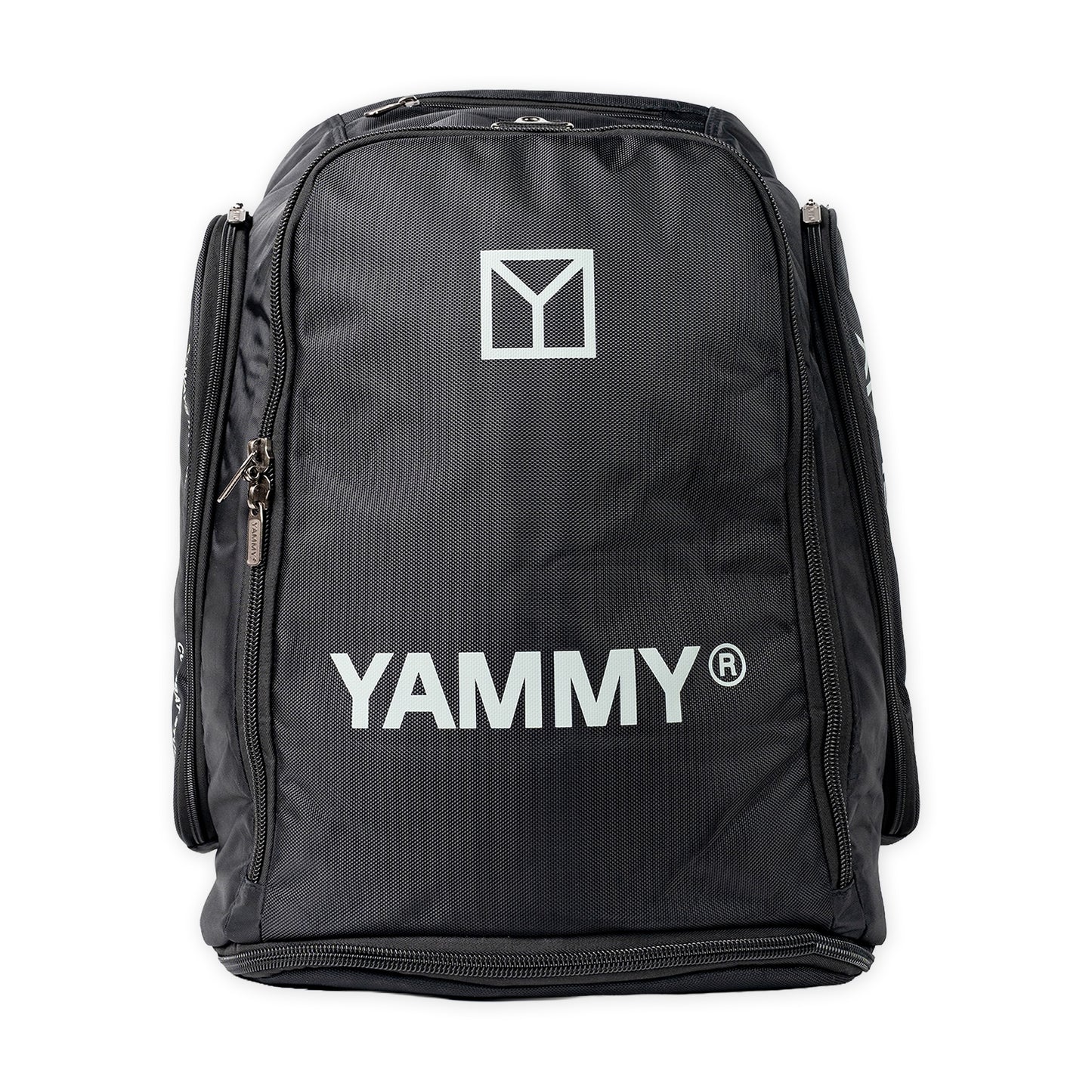 A black YAMMY brand backpack with white printed logos on the front, shown against a plain white background.
