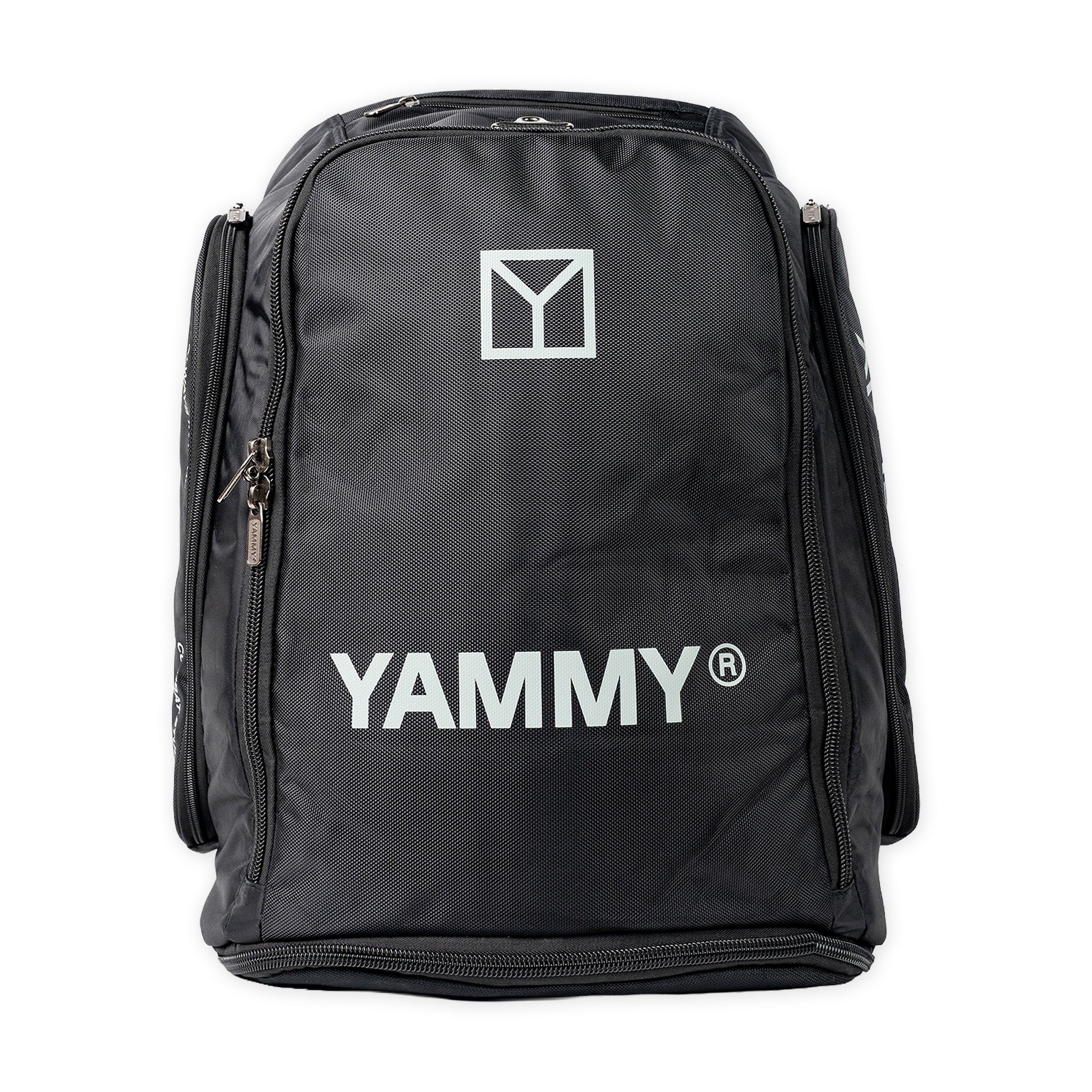A black YAMMY brand backpack with white printed logos on the front, shown against a plain white background.