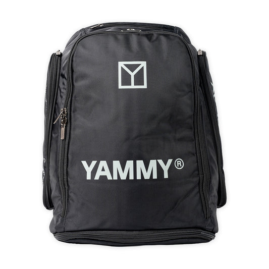 A black YAMMY brand backpack with white printed logos on the front, shown against a plain white background.