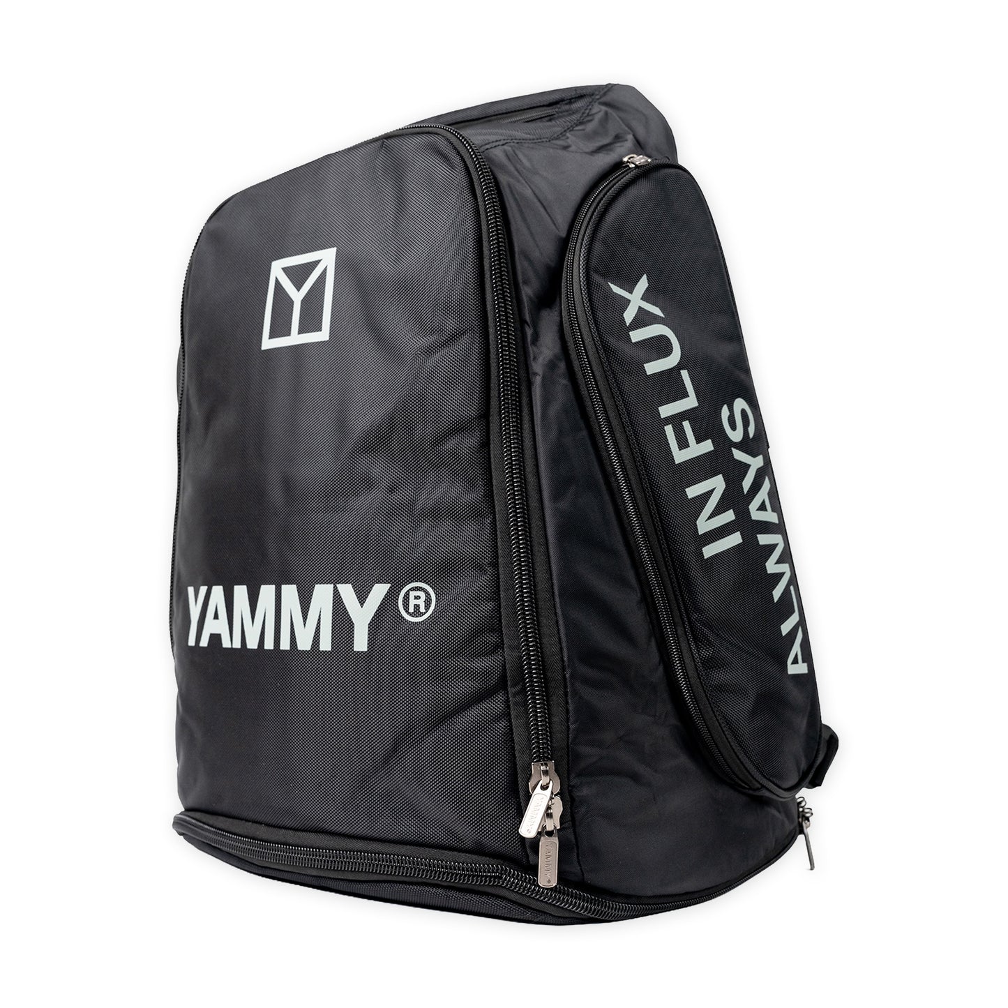 A black YAMMY branded travel backpack with white printed logos, shown on a plain white background.