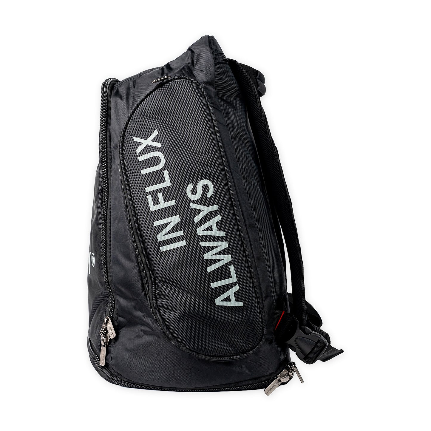 A black sling backpack with white text reading 'ALWAYS INFLUX' printed vertically on the front pocket, shown against a plain white background.
