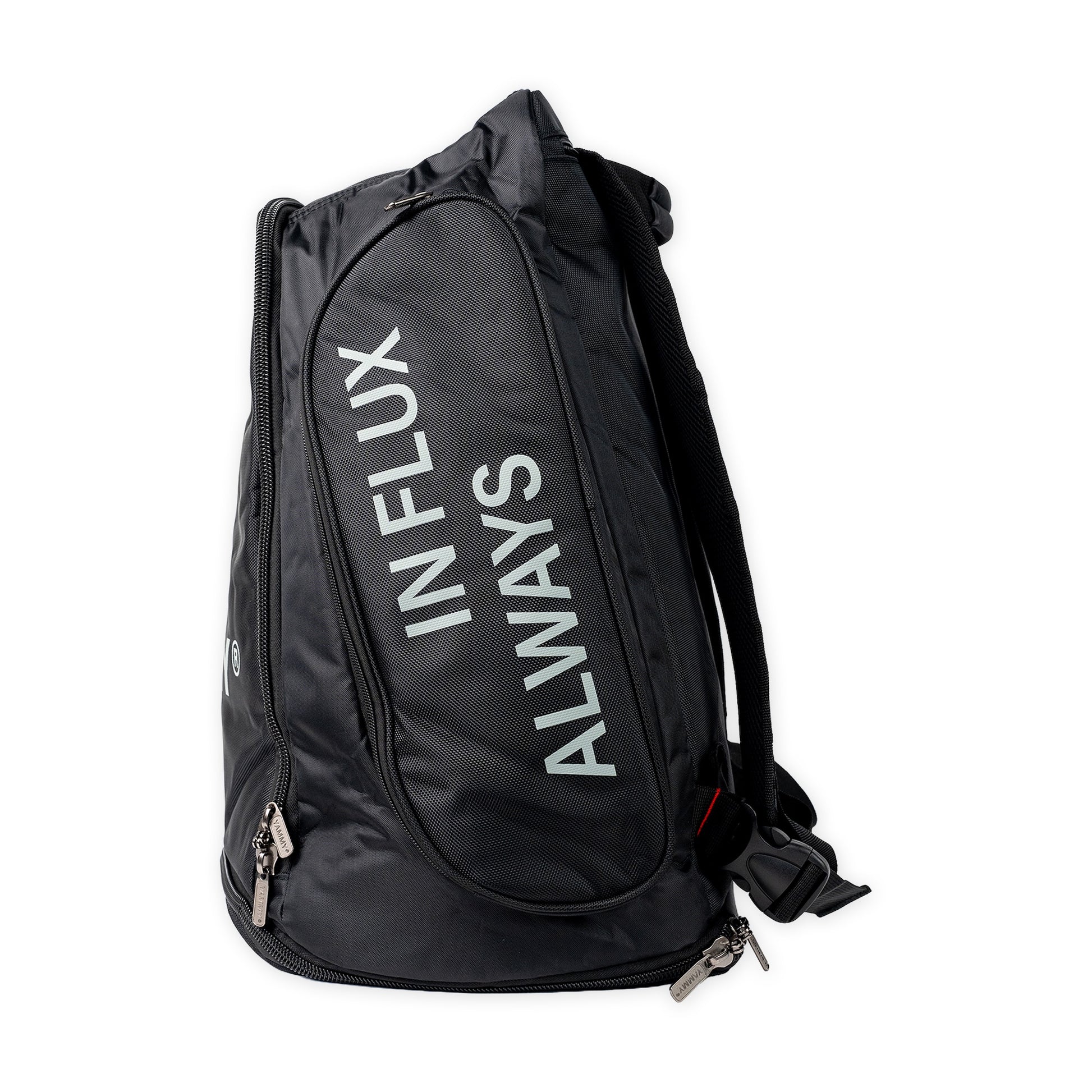 A black sling backpack with white text reading 'ALWAYS INFLUX' printed vertically on the front pocket, shown against a plain white background.