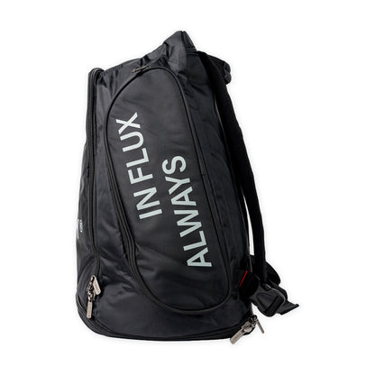 A black sling backpack with white text reading 'ALWAYS INFLUX' printed vertically on the front pocket, shown against a plain white background.