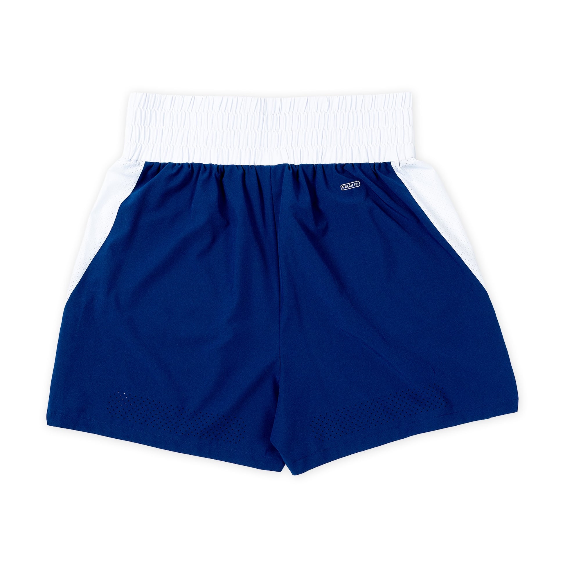 Royal blue athletic shorts with a white elastic waistband and white side panels, shown flat on a white background.