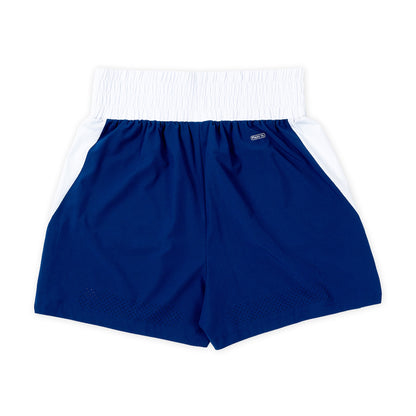 Royal blue athletic shorts with a white elastic waistband and white side panels, shown flat on a white background.
