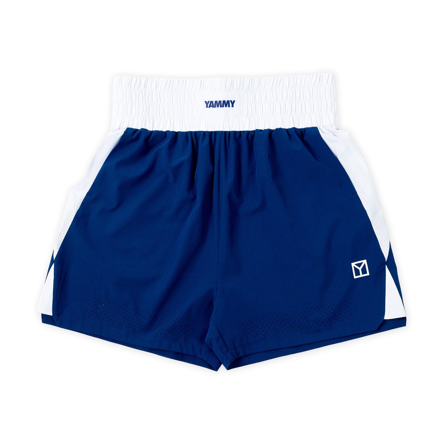 A pair of athletic shorts in navy blue and white, featuring a white elastic waistband with the brand name 'YAMMY' printed in navy, white side panels, and a small white logo on the lower left leg.