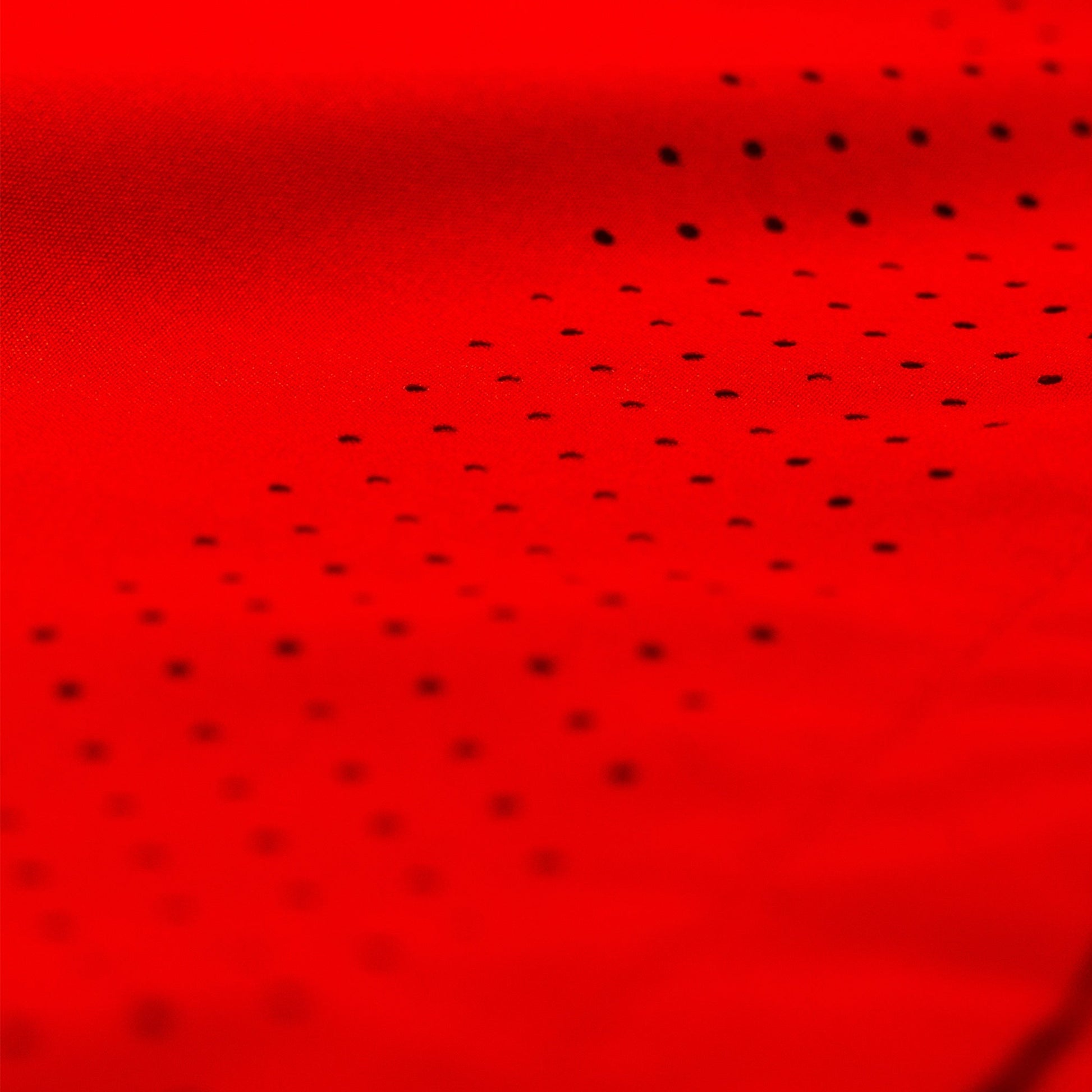 A close-up of bright red fabric with a diagonal row of small black perforations.