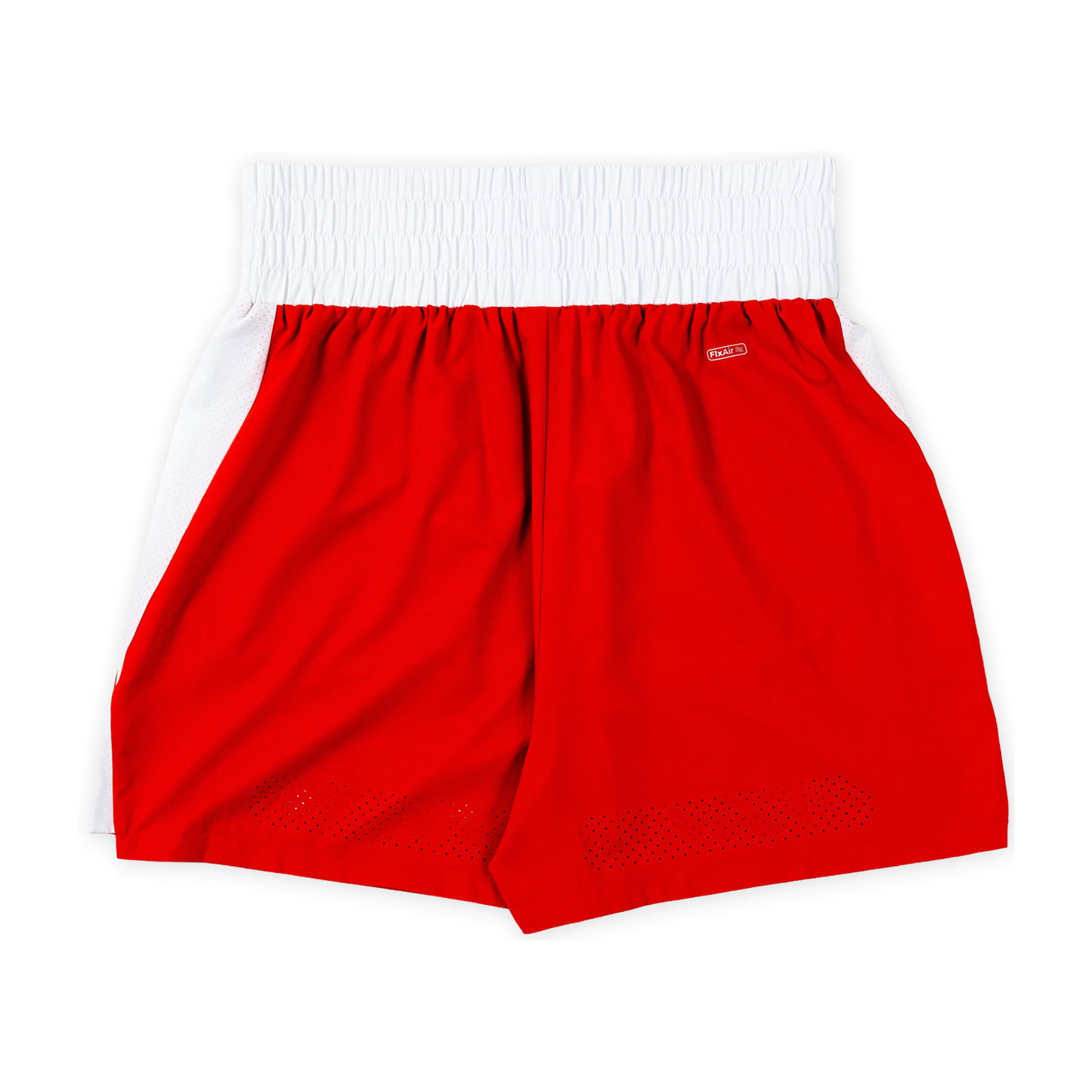 Red athletic shorts with a white elastic waistband, laid flat on a white background.
