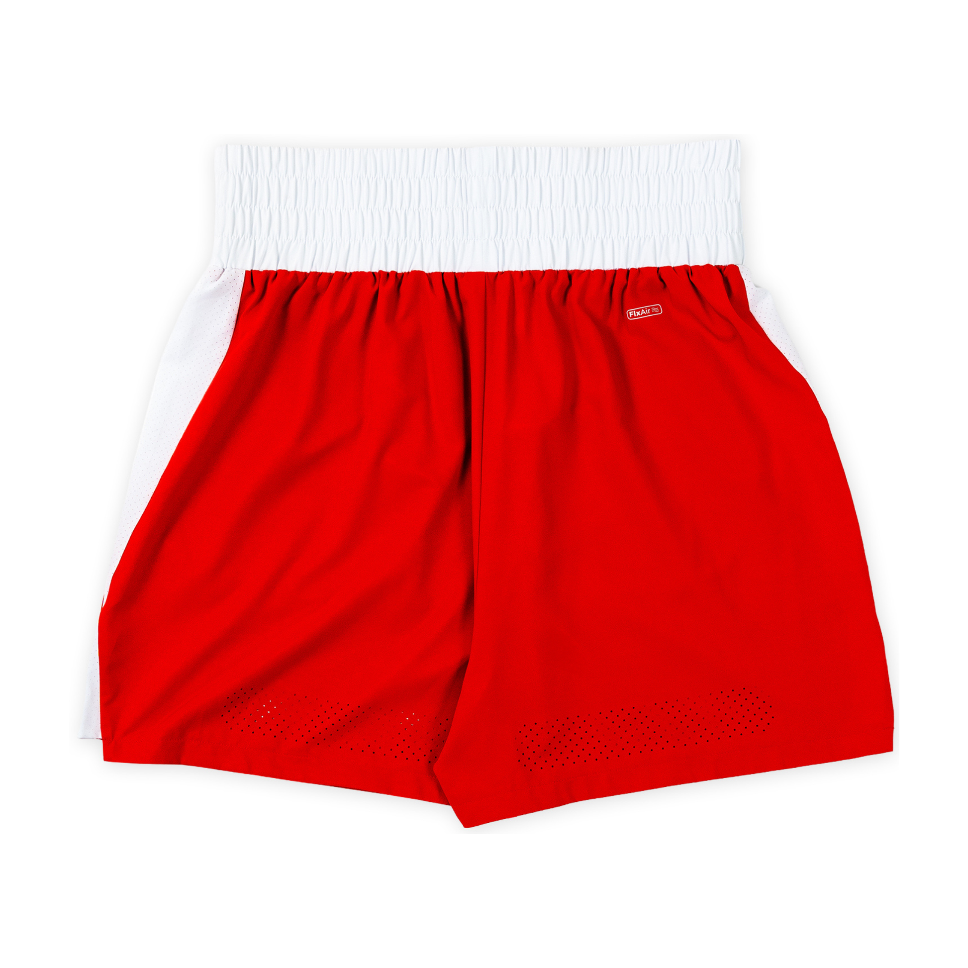 Red athletic shorts with a white elastic waistband, laid flat on a white background.