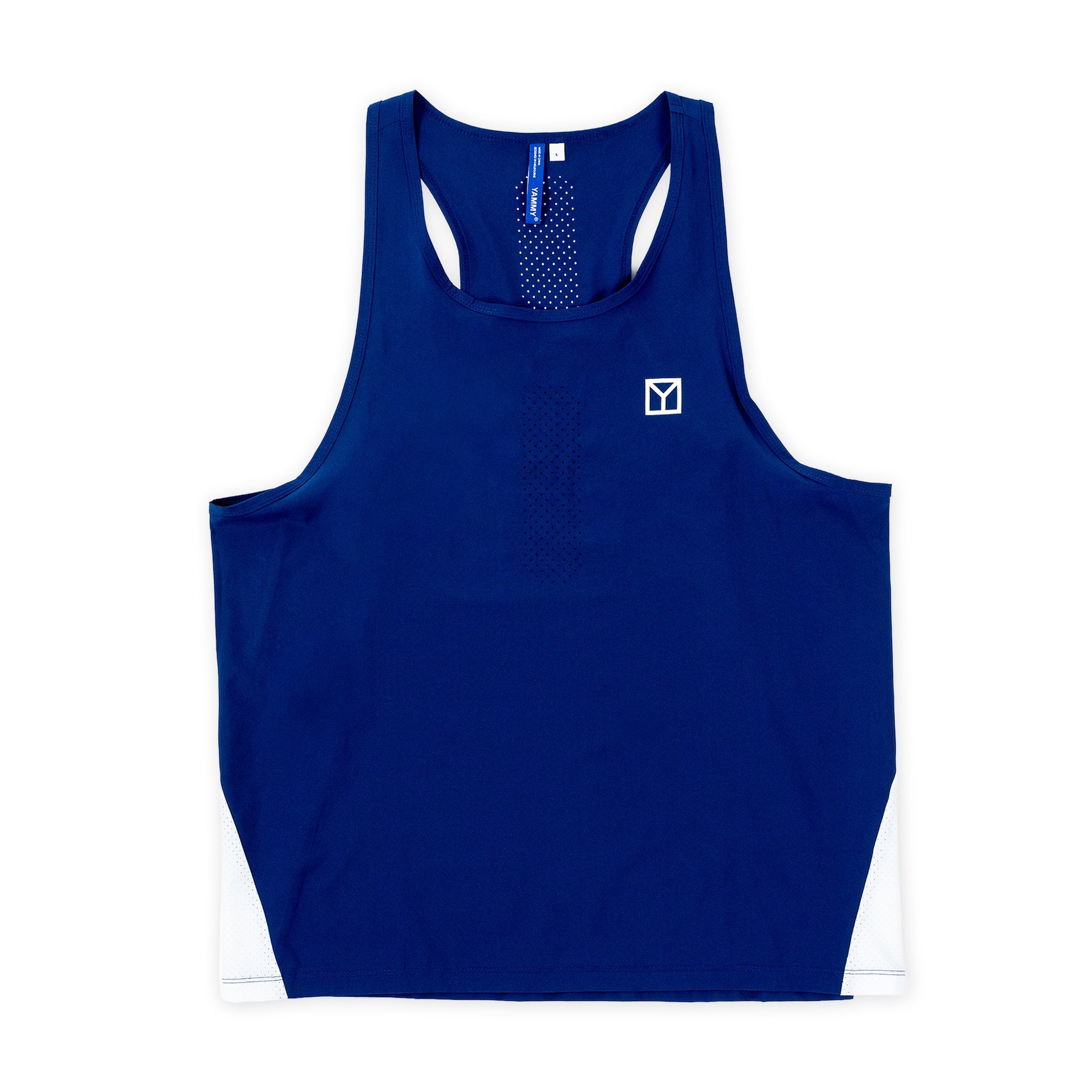 A navy blue athletic tank top with a small white geometric logo on the left chest, displayed flat against a solid white background.