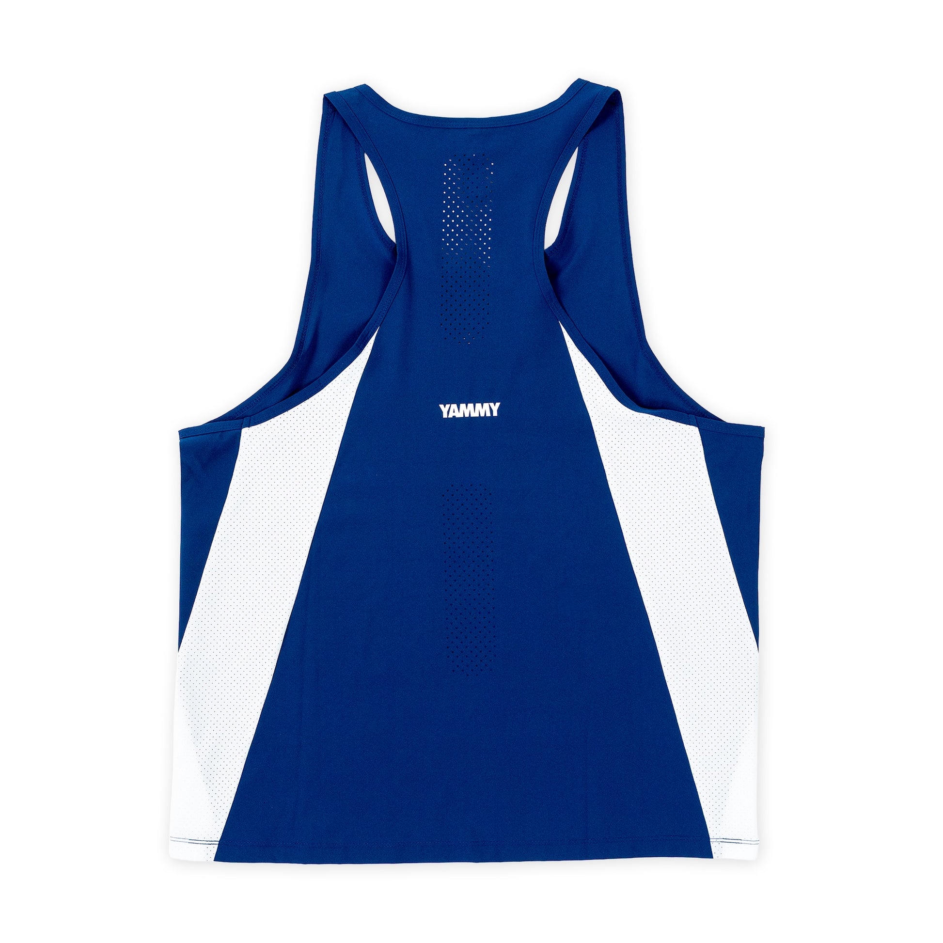 A royal blue athletic tank top with white mesh side panels and a small white 'YANAY' logo on the chest, shown from the back on a white background.
