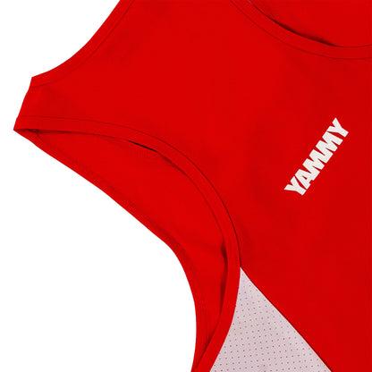 Close-up of a bright red athletic tank top showing the inner shoulder, curved neckline, and a white mesh side panel with a white 'YAMMY' logo printed on the fabric.