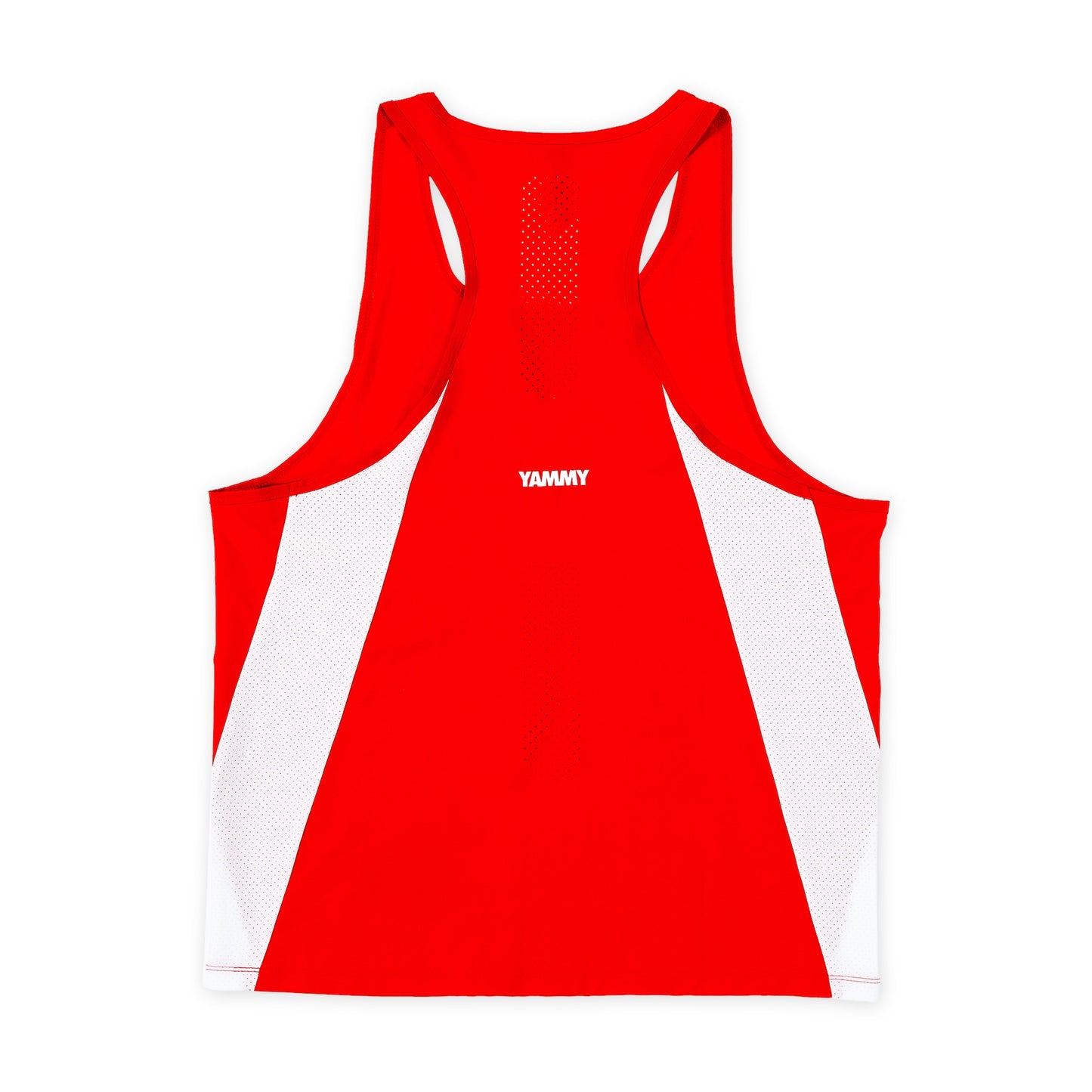 A red athletic tank top with white mesh side panels and a small white 'YAMMY' logo on the chest, shown flat against a white background.