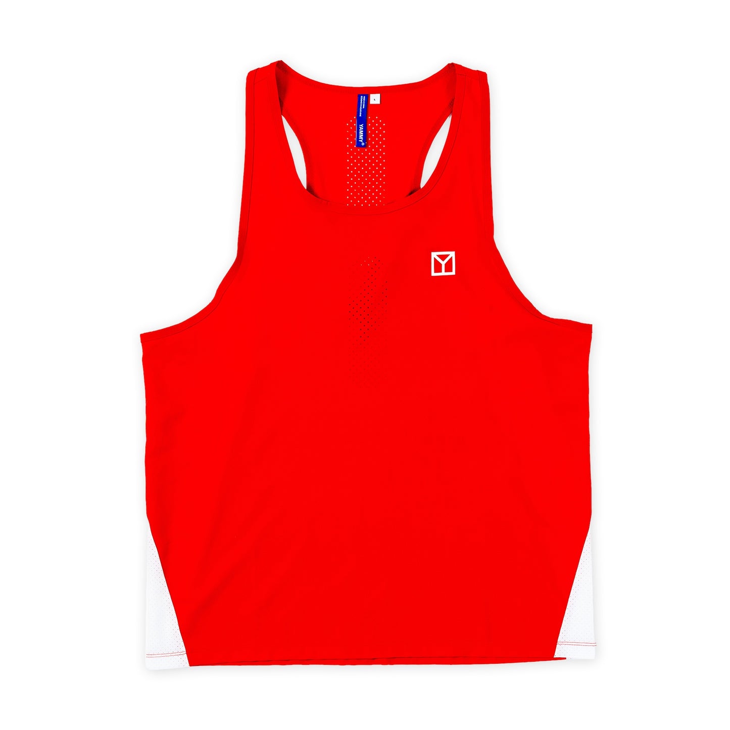 A bright red athletic tank top with a small white geometric logo on the left chest, displayed flat against a solid white background.
