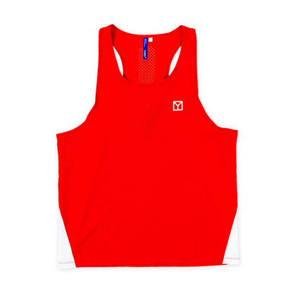 A bright red athletic tank top with a small white geometric logo on the left chest, displayed flat against a solid white background.