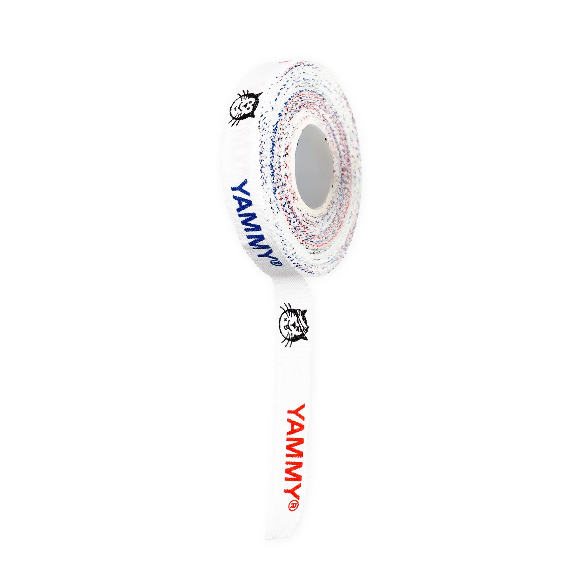 A roll of white athletic tape with a textured multicolor pattern, featuring the brand name 'YAMMY' and Hector Cat printed in blue and red on the tape, shown against a plain white background.