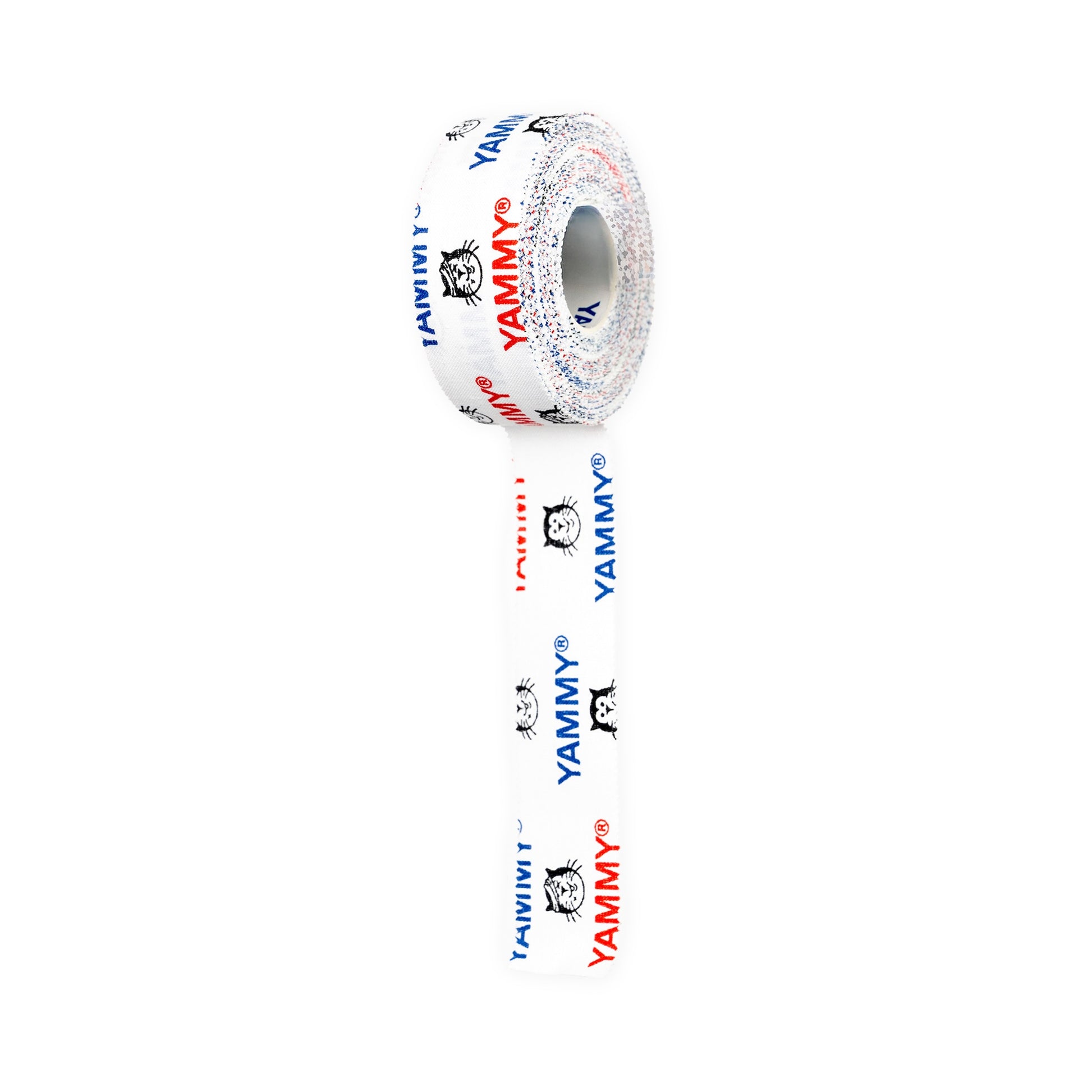 A roll of white tape with a repeating pattern of the brand name 'YAMMY' in blue and red, alongside Hector Cat, shown on a plain white background.